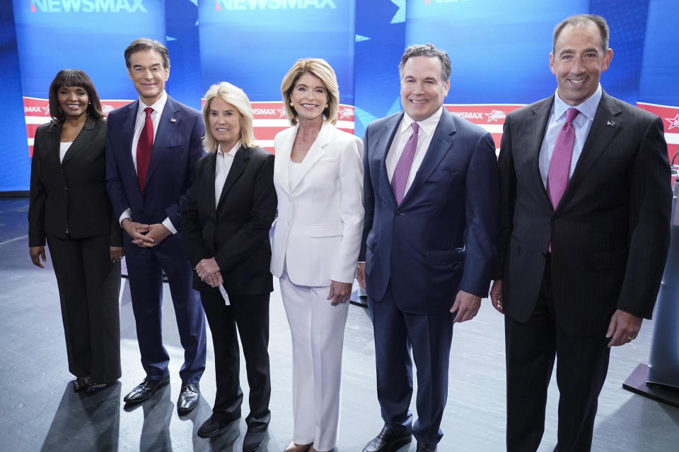 FILE: Kathy Barnette, Mehmet Oz, moderator Greta Van Susteren, Carla Sands, David McCormick, and Jeff Bartos, (left to right) pose for photo before they take part in a debate for Pennsylvania U.S. Senate Republican candidates, Wednesday, May 4, 2022, in Grove City, Pa. / Credit: Keith Srakocic / AP