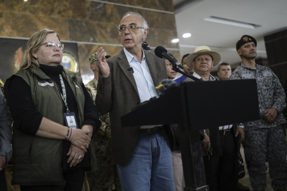 Colombia's Defense Minister Ivan Velazquez speaks during a press conference at the military hospital where the four Indigenous children who survived an Amazon plane crash that killed three adults and then braved the jungle for 40 days before being found alive, receive medical attention in Bogota, Colombia, Saturday, June 10, 2023. (AP Photo/Ivan Valencia)