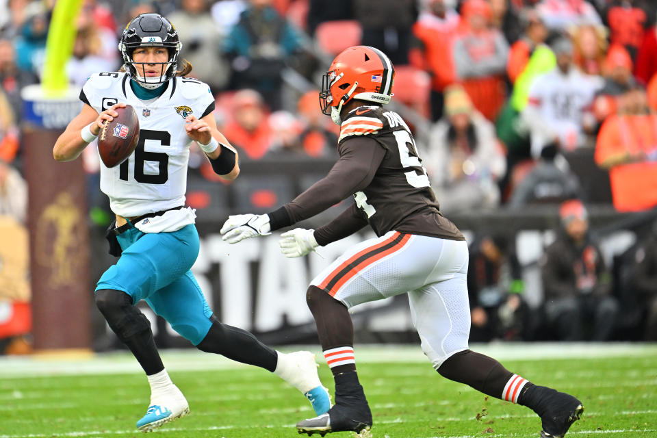 Trevor Lawrence struggled through a loss to Cleveland. (Jason Miller/Getty Images)