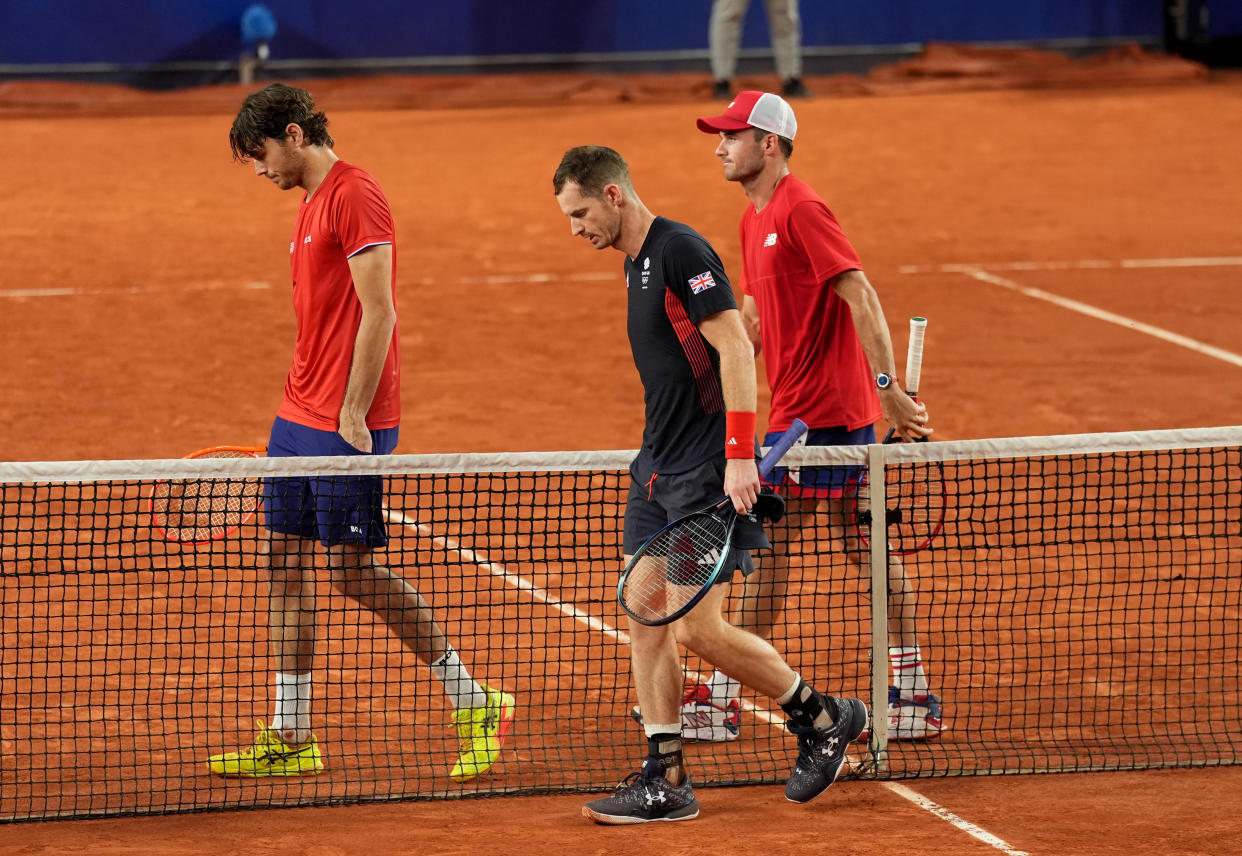 Great Britain's Andy Murray leaves the court after losing his Men's Doubles Quarter-Final match with Dan Evans against USA's Taylor Fritz and Tommy Paul at Roland-Garros on the sixth day of the 2024 Paris Olympic Games in France. Picture date: Thursday August 1, 2024. (Photo by Martin Rickett/PA Images via Getty Images)