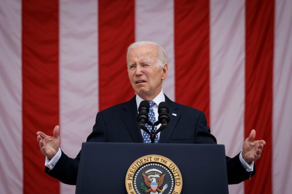 US President Joe Biden speaks during a Memorial Day address at Arlington National Cemetery in Arlington, Virginia, US, on Monday.