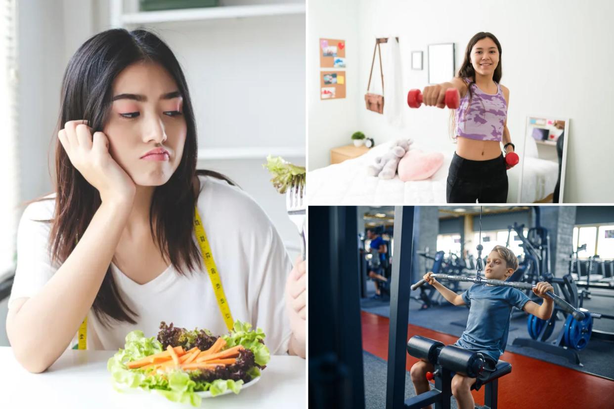 Composite of girl on the left eating vegetables with a bored face; girl at top right working out with dumb bells; and boy on bottom left on workout equipment.