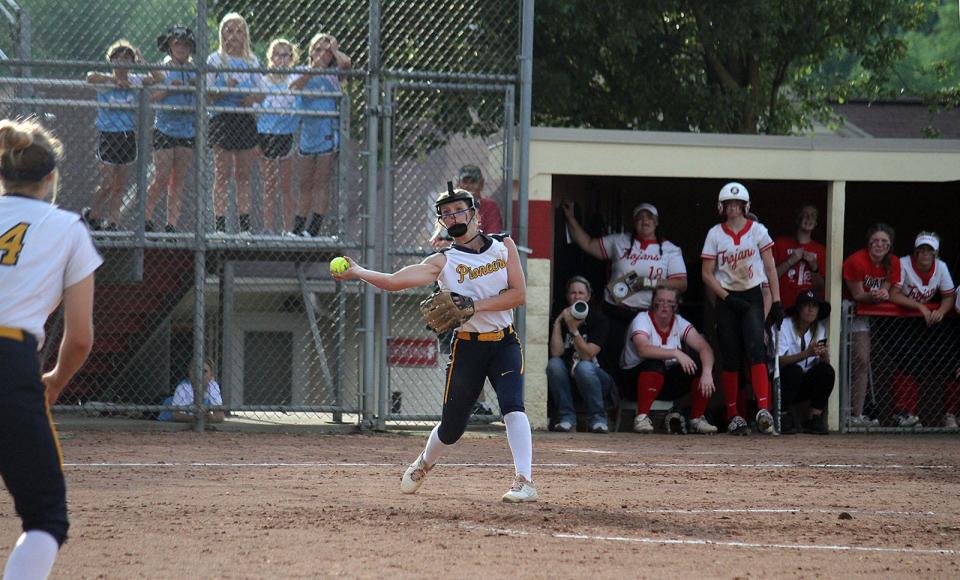 Mooresville sophomore Alex Cooper throws out a runner at first during Wednesday's IHSAA Class 4A Sectional against Center Grove. (Melissa Dillon/Correspondent)