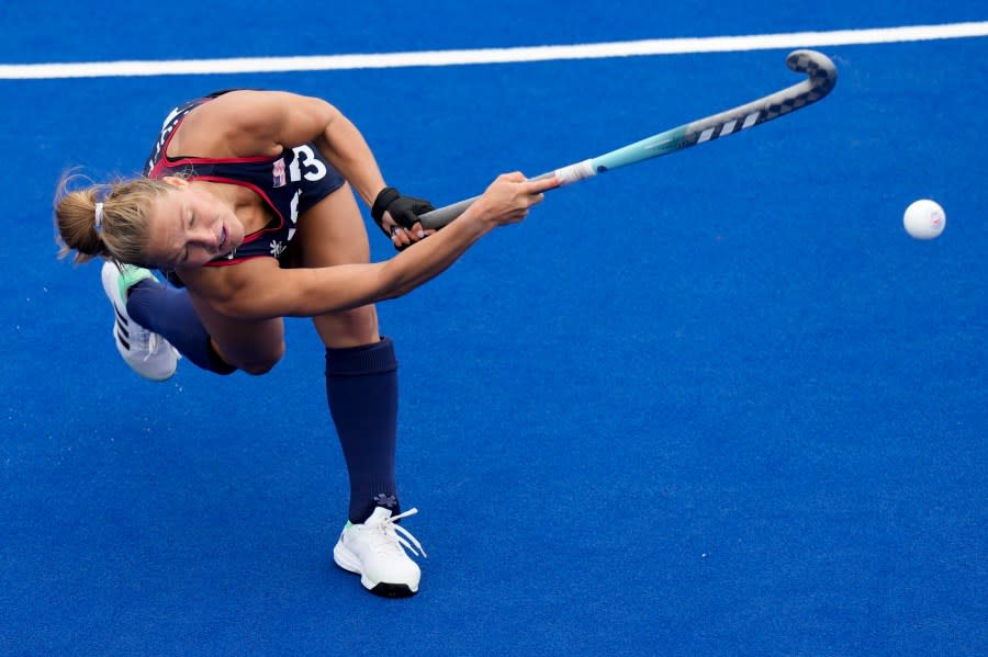 Ashley Hoffman of the United States hits the ball during a women’s team field hockey match against Argentina at the Pan American Games in Santiago, Chile, Saturday, Oct. 28, 2023. (AP Photo/Natacha Pisarenko)