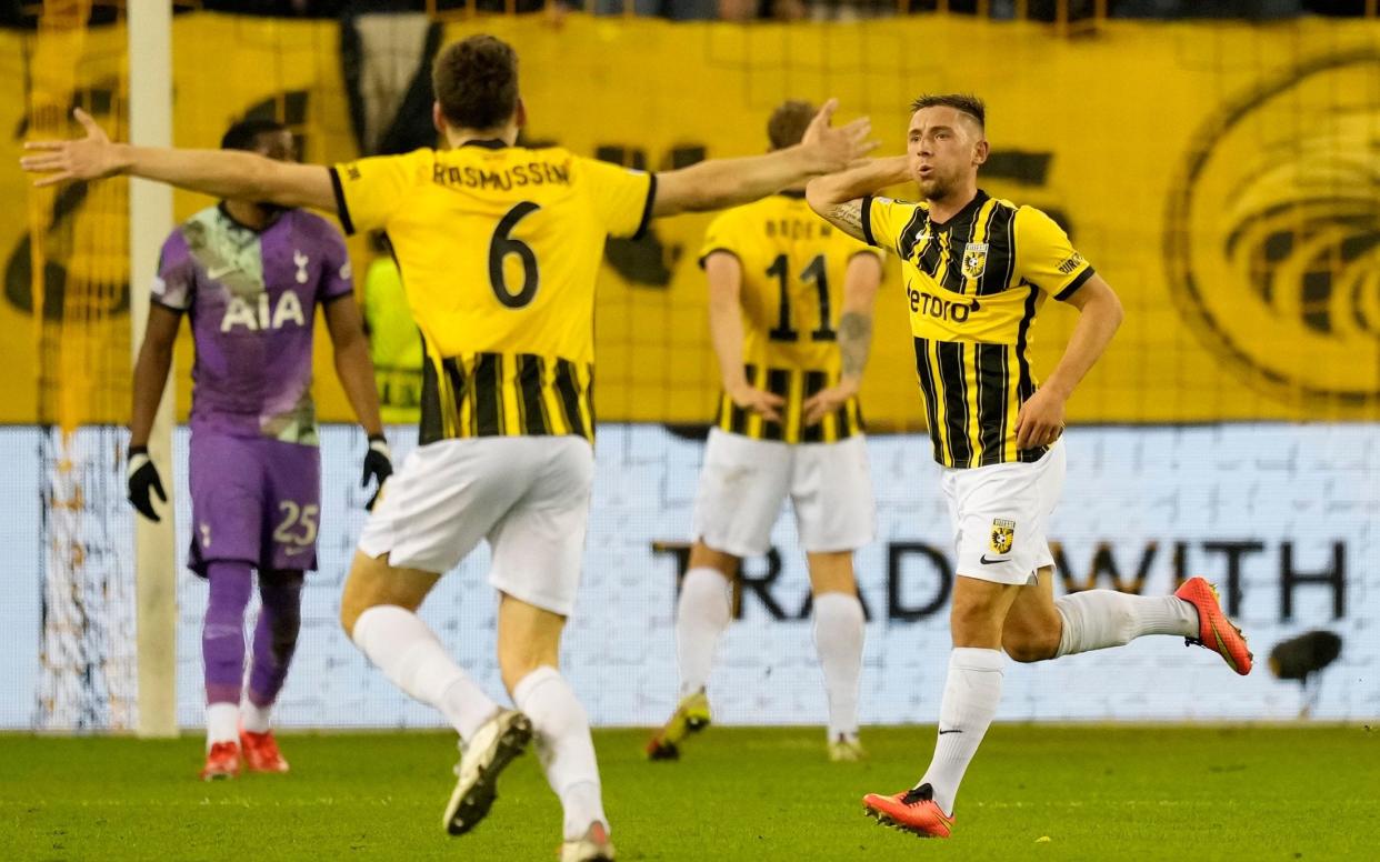 Vitesse's Maximilian Wittek, right, celebrates after scoring his side's first goal during the Europa Conference League - AP