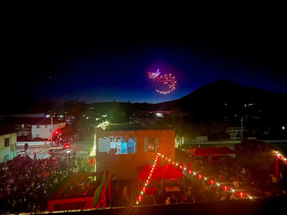 A block party took over downtown San Luis Obispo on Feb. 10, 2024, with hundreds of people packing Palm Street in front of the Ah Louis Store to celebrate not only the building’s 150th anniversary, but also Lunar New Year. The city’s first-ever drone light show wowed crowds, forming shapes like dragons and red envelopes.