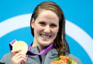 LONDON, ENGLAND - JULY 30: Missy Franklin of the United States celebrates with her gold medal during the medal ceremony for the Women's 100m Backstroke on Day 3 of the London 2012 Olympic Games at the Aquatics Centre on July 30, 2012 in London, England. (Photo by Adam Pretty/Getty Images)