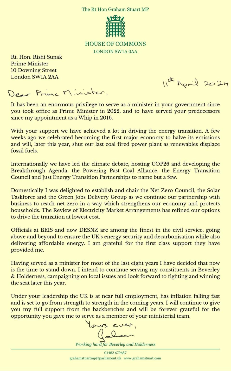 Energy Minister Graham Stuart of his resignation letter addressed to Prime Minister Rishi Sunak