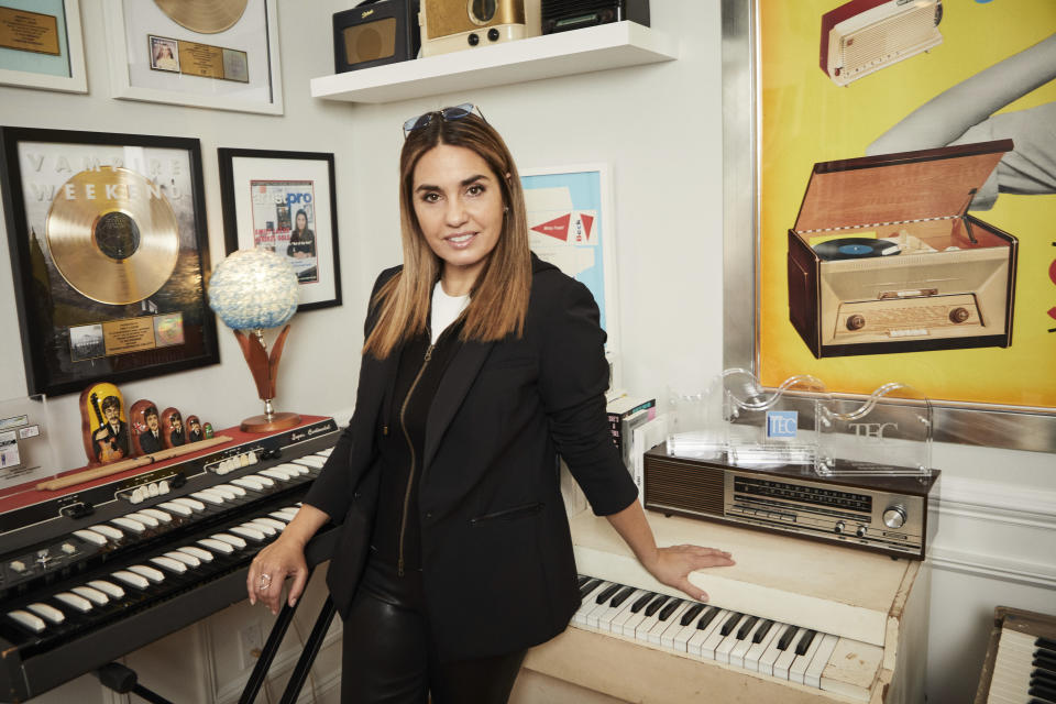 Mastering engineer Emily Lazar poses for a portrait in New York on Dec. 28, 2020. Lazar is nominated three times in the album of the year category thanks to her work on albums from HAIM, Coldplay and Jacob Collier. The 63rd Annual Grammy Awards will be held on March 14. (Photo by Matt Licari/Invision/AP)