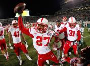 Charles Jackson #27 of the Nebraska Cornhuskers celebrates a 28-24 win over the Michigan State Spartans as time expires in the fourth quarter at Spartan Stadium Stadium on November 3, 2012 in East Lansing, Michigan. (Photo by Gregory Shamus/Getty Images)