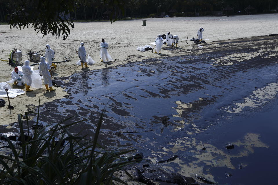 Workers clean oil spill along Sentosa's Tanjong Beach area in Singapore, Sunday, June 16, 2024. (AP Photo/Suhaimi Abdullah)