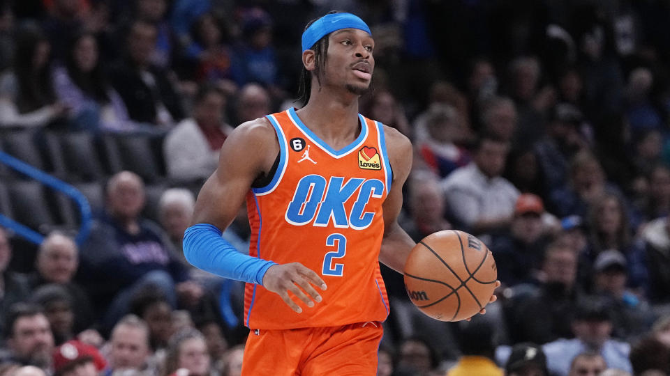 Oklahoma City Thunder guard Shai Gilgeous-Alexander (2) during an NBA basketball game against the Indiana Pacers, Wednesday, Jan. 18, 2023, in Oklahoma City. (AP Photo/Sue Ogrocki)