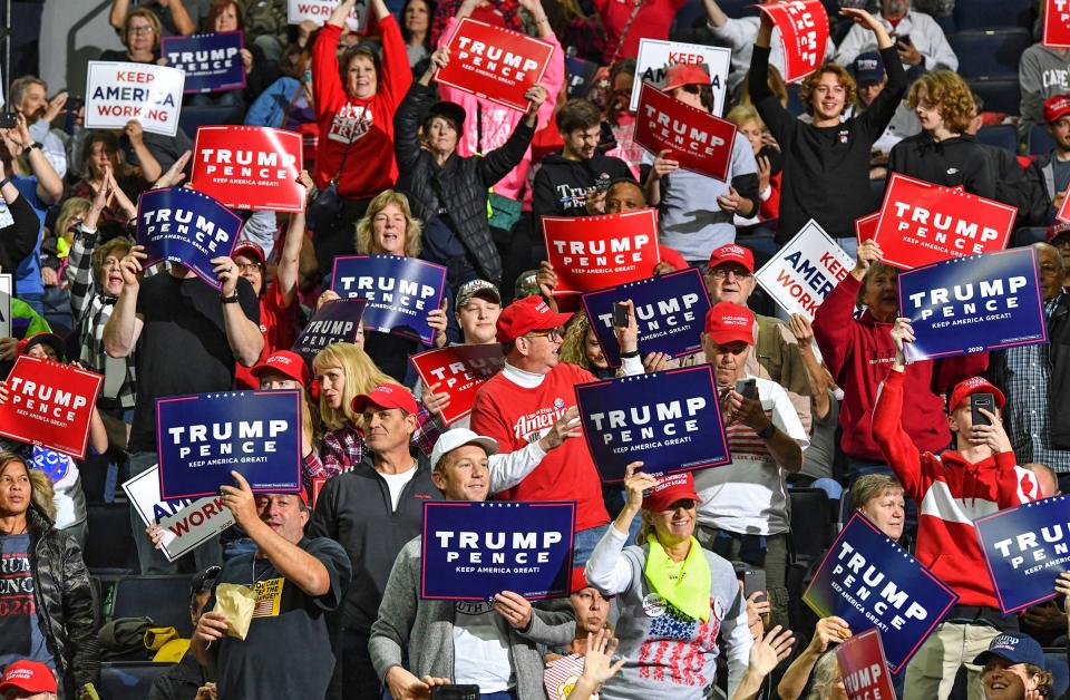 The crowd gets warmed up before the start of the rally for Donald J. Trump Thursday, Oct. 10, 2019, at the Target Center in Minneapolis. 