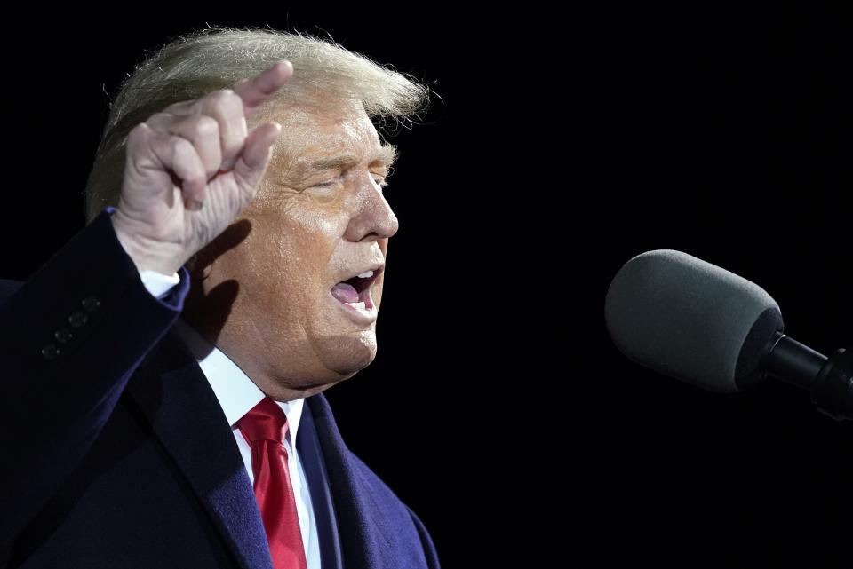 FILE - In this Sept. 30, 2020, file photo, President Donald Trump speaks at a campaign rally at Duluth International Airport in Duluth, Minn. The Trump administration is seeking to fast-track mining permits and offer grants and loans to help companies pay for mining equipment as part of its ongoing effort to boost the industry. Administration officials on Thursday, Oct. 1, offered details on a plan that critics said could spoil waterways with mining pollution. (AP Photo/Alex Brandon, File)