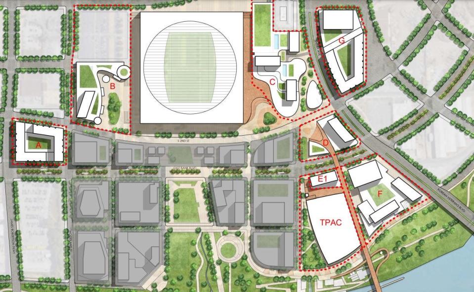 A new Tennessee Performing Arts Center is shown on a map of an initial 30-acre development area of Metro-owned land on the East Bank in Nashville, Tenn.