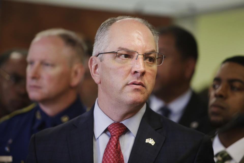 FILE - In this Thursday, April 11, 2019, file photo, Louisiana Gov. John Bel Edwards attends a news conference in Opelousas, La. Edwards, the only Democratic governor in the Deep South, said Tuesday, June 18, 2019, that he's not concerned about losing support among his party's voters in Louisiana because of a strict abortion ban he signed into law. (AP Photo/Lee Celano, File)