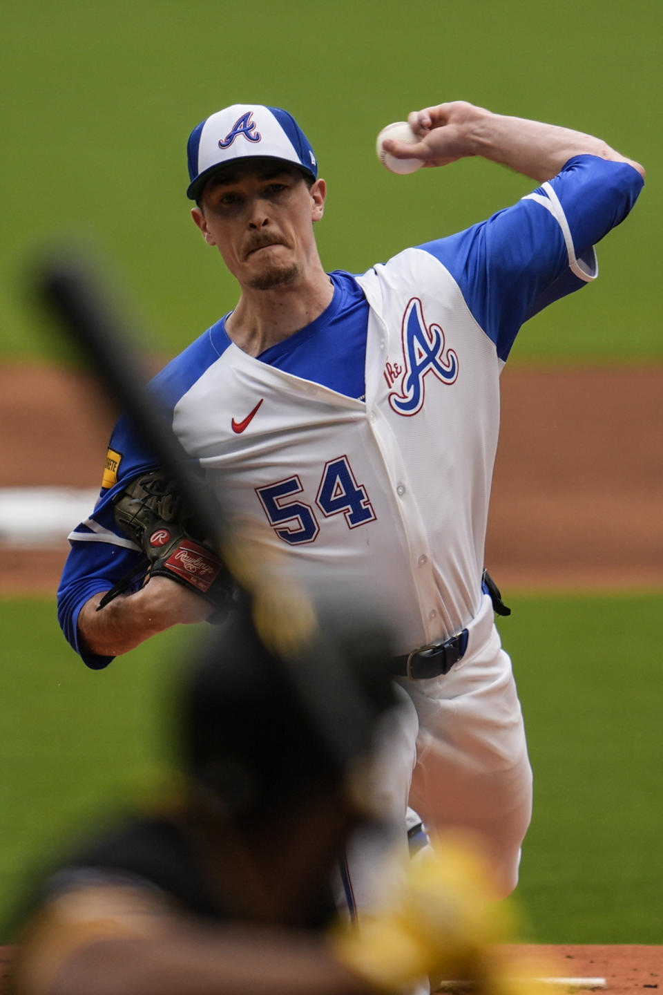 Atlanta Braves pitcher Max Fried (54) delivers in the first inning of a baseball game against the Pittsburgh Pirates, Saturday, June 29, 2024, in Atlanta. (AP Photo/Mike Stewart)