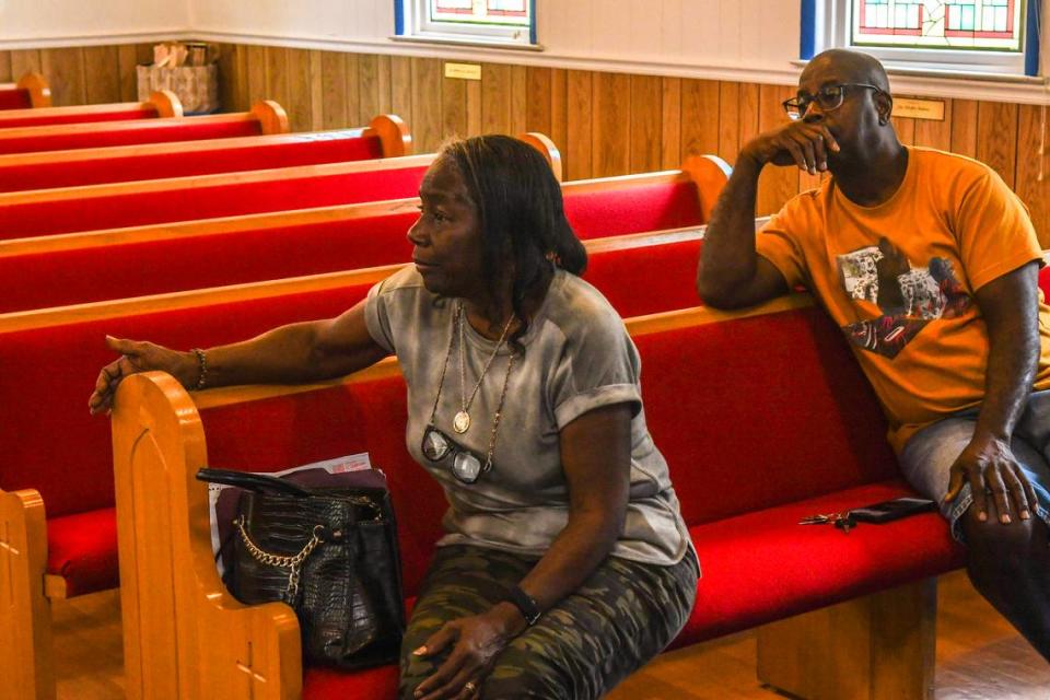 Mary Pope Mack, left, speaks about the lack of access to Big House Cemetery as her brother Jimmy Pope listens on July 10, 2024 at Nazareth Baptist Church on St. Helena Island. “We just want to see the right thing done,” Mack says.