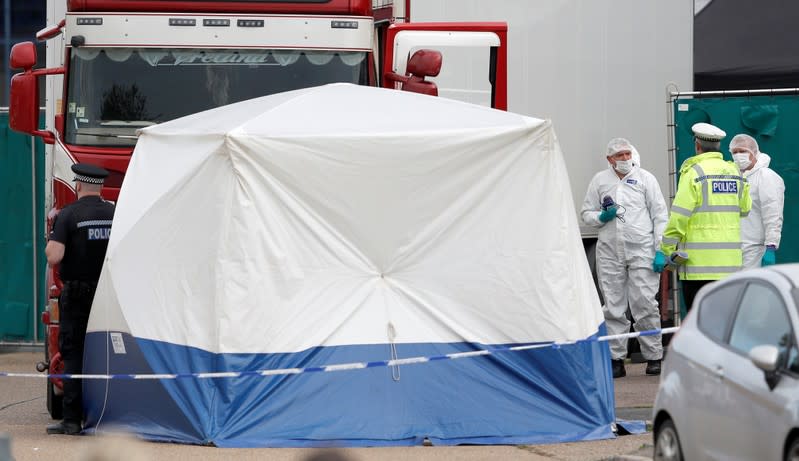 The scene where bodies were discovered in a lorry container, in Grays, Essex