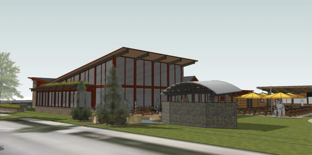 The Feisty Loon, one of two restaurants plus an outdoor area planned for Greenfield by the Lowlands restaurant group, will be in a glassy, midcentury-style building. Construction is to start in spring.