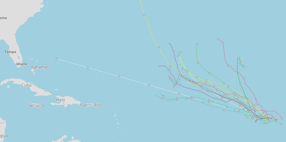 Spaghetti models for Invest 98L as of 6 a.m. Aug. 18, 2023.