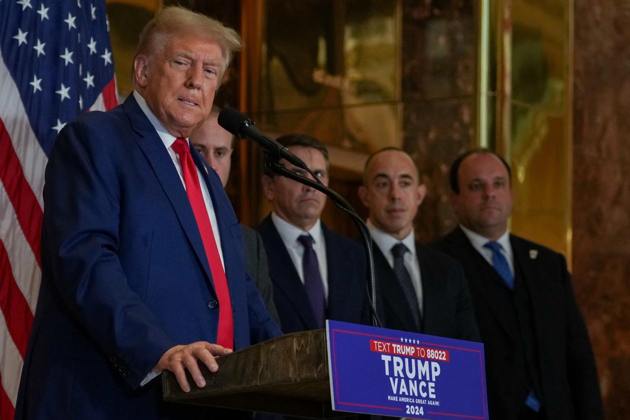 Republican presidential nominee and former U.S. President Donald Trump speaks during a press conference at Trump Tower in New York City, U.S., September 6, 2024. REUTERS/David Dee Delgado