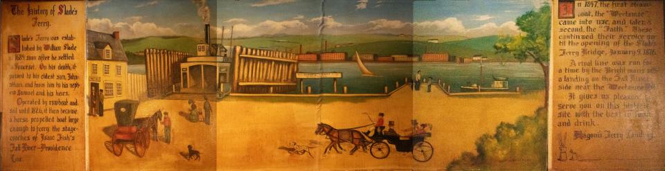 This mural, depicting the early days of Slade's Ferry Landing, was displayed for decades in the lounge area of the now-closed Magoni's Ferry Landing in Somerset. It has now been donated to the Somerset Historical Society.