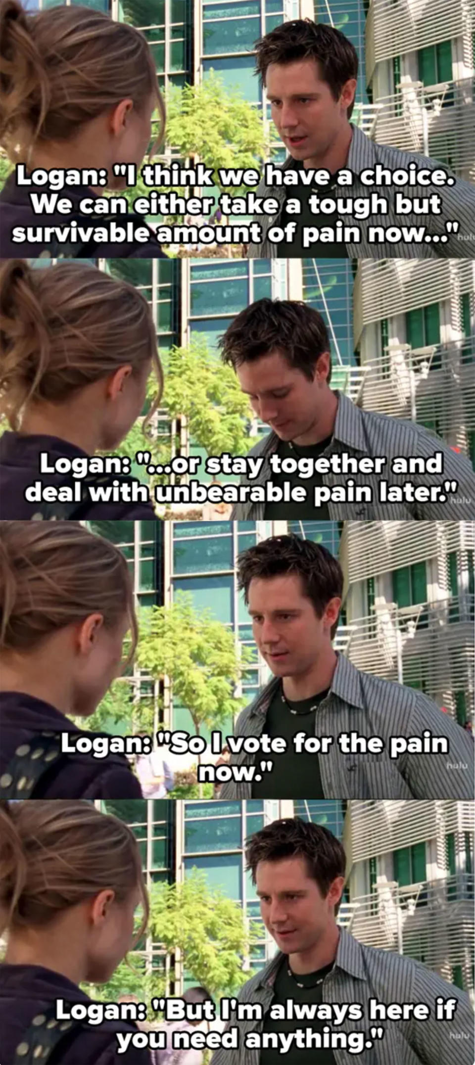 This one was definitely painful to watch, but Logan made the right call here. As much as we all wanted to see Logan and Veronica make it work, the relationship just wasn't healthy for either of them at that point. As Logan said, Veronica wasn't built to have people help her, and he wasn't built to stand on the sidelines. We think this breakup helped them have a more mature relationship when they eventually got back together years later.