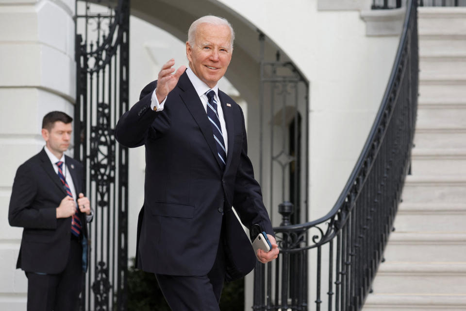 US President Joe Biden leaves the White House to board a Marine One helicopter to travel to Delaware from the White House in Washington, US January 13, 2023. REUTERS/Jonathan Ernst