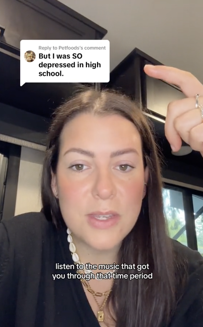 Nikki gestures in a video, text overlay discusses listening to music from high school to cope with depression