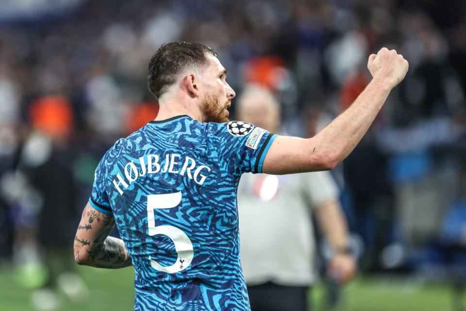 Tottenham’s Pierre-Emile Hojbjerg celebrates his Champions League winner in Marseille (PA) (PA Wire)