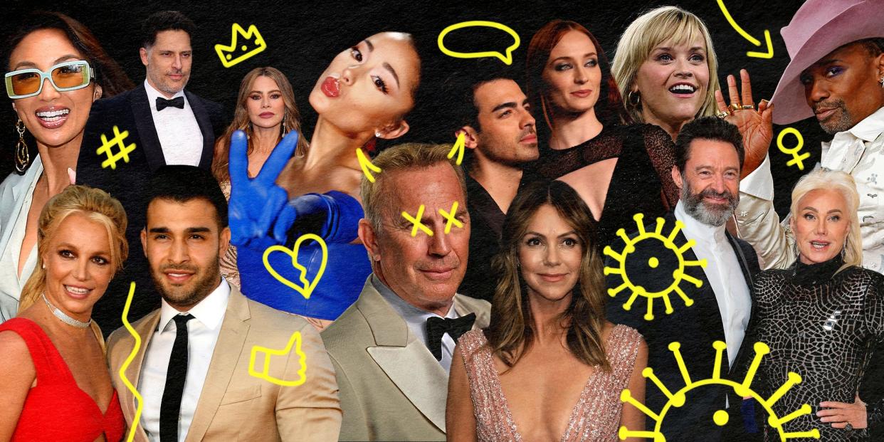 A collage of 2023's biggest celeb divorces.