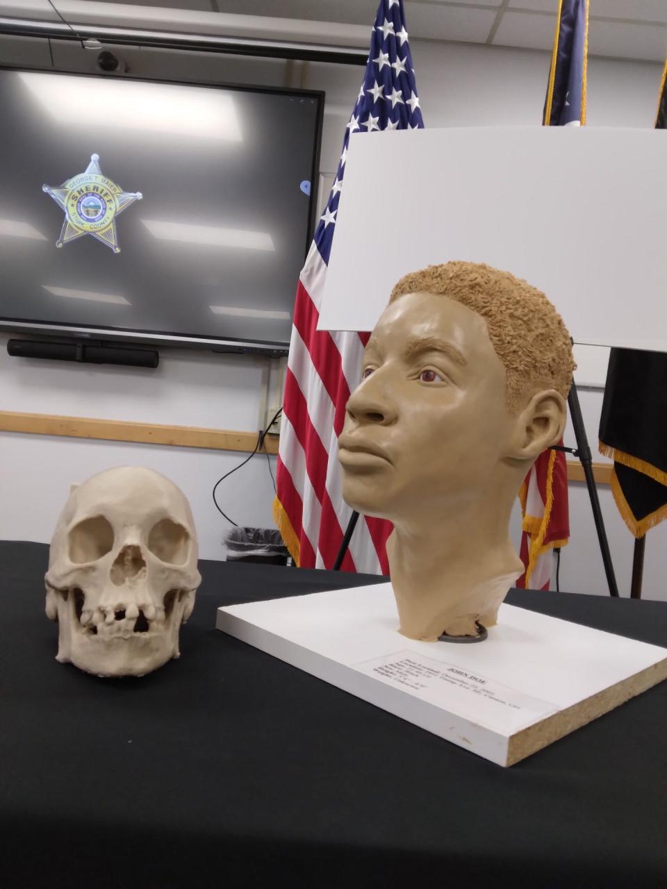 Law enforcement officials hope this 3D reconstruction of the face of a man whose remains were found in 2001 at a Canton Township farm will lead to information about his identity.