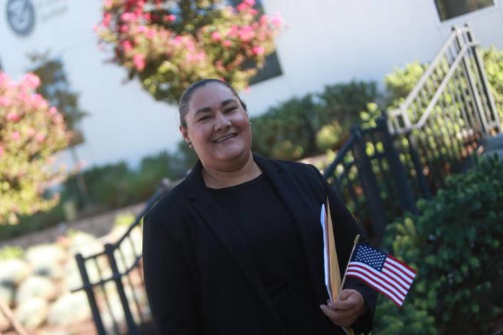 Maricela Landeros de Santos, who is originally from Michoacán, México and lives in Ceres in Stanislaus County, said she would have liked to have had her husband and her children accompany her to see the naturalization ceremony, but only candidates were allowed inside so she came by herself. She took the oath of allegiance to the United States flag Thursday (Sept. 22) at the offices of the United States Citizenship and Immigration Services in Fresno.