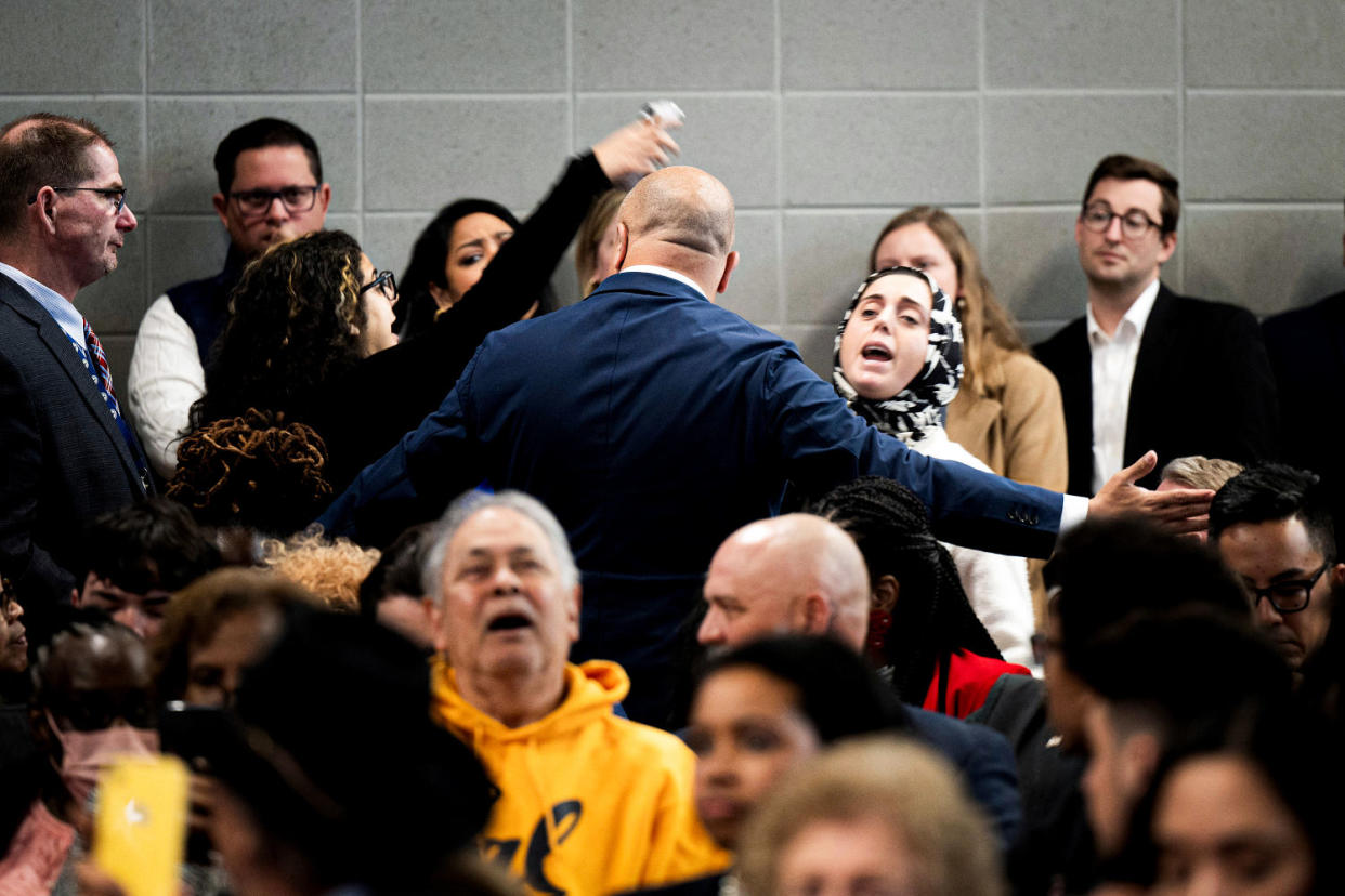 A protester yells support for Gaza  (Brendan Smialowski / AFP - Getty Images)