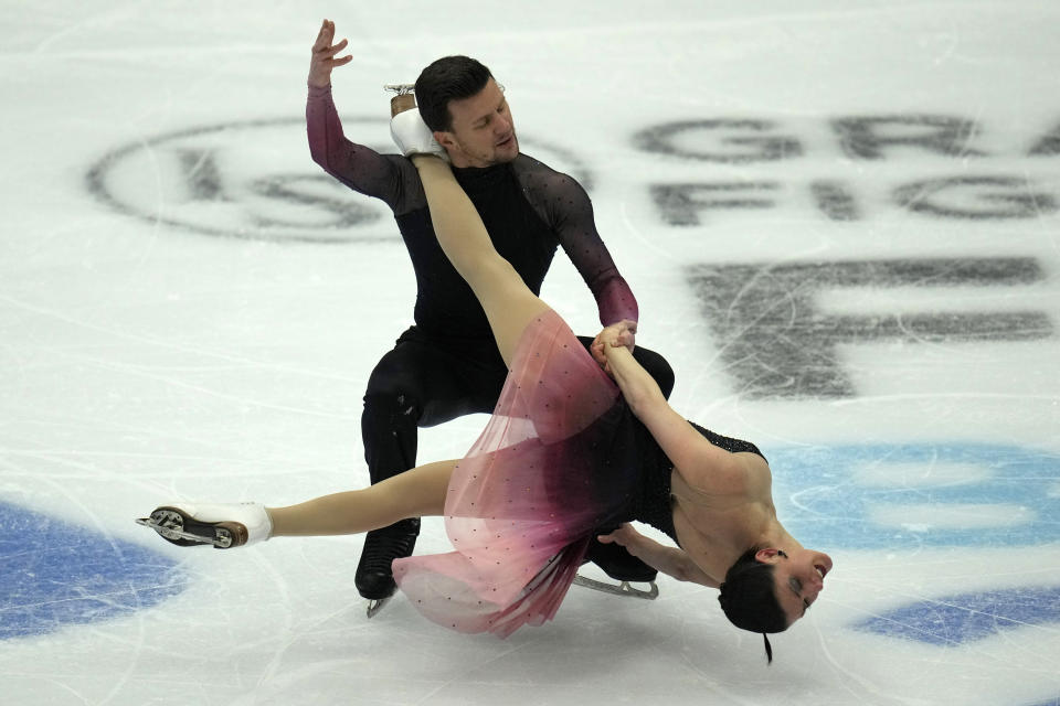 Italy's Charlene Guignard and Marco Fabbri practice ahead of the ISU Grand Prix of Figure Skating in Beijing, Wednesday, Dec. 6, 2023. (AP Photo/Ng Han Guan)