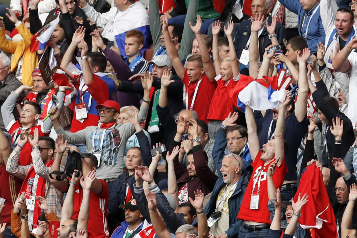 No, this is not the reaction to Mikhail Degtyaryov’s comments. It’s the celebration of Russian fans after their team scored a goal against Saudi Arabia on Thursday. (AP Photo/Victor Caivano)