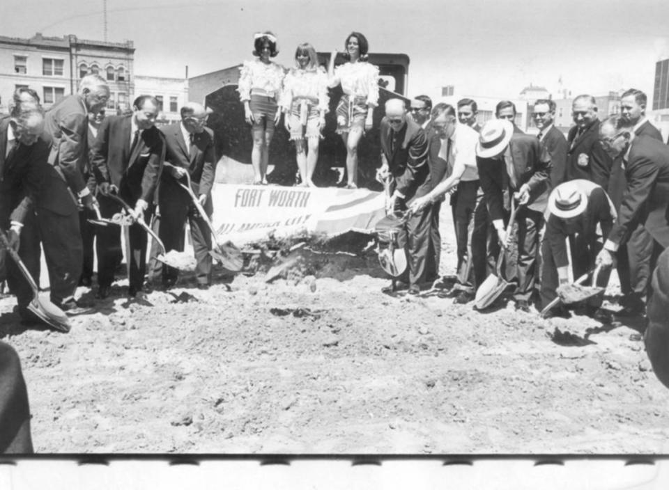 July 16, 1966: Three Casa Manana performers smile as civic officials break ground for the $15 million Tarrant County Convention Center in Fort Worth.