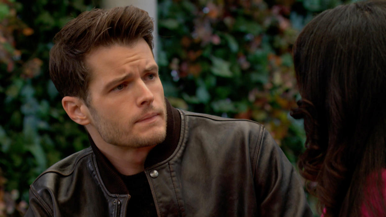  Michael Mealor as Kyle Abbott in a leather coat in The Young and the Restless. 