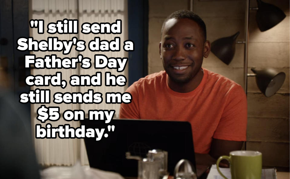 Winston saying, "I still send Shelby's dad a Father's Day card, and he still sends me $5 on my birthday."