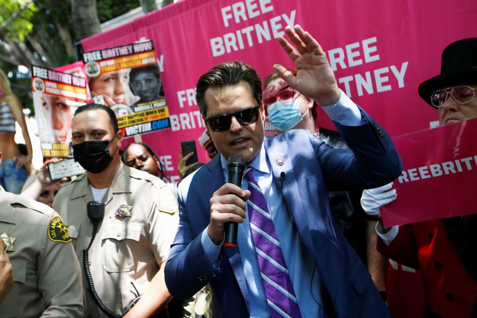 Rep. Matt Gaetz (R-FL) speaks during a protest in support of pop star Britney Spears outside a Los Angeles courthouse.