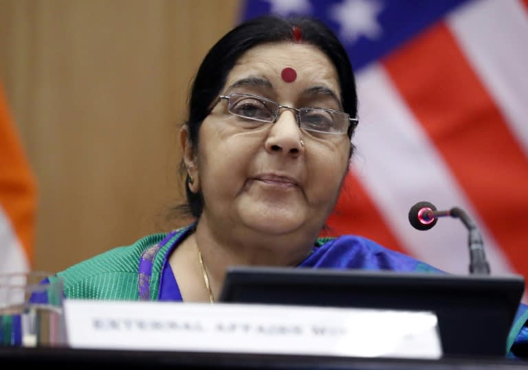 Indian Foreign Minister Sushma Swaraj listens to a reporter's question during a media availability with Secretary of State Rex Tillerson after their meeting at the Indian Foreign Ministry in New Delhi on October 25, 2017