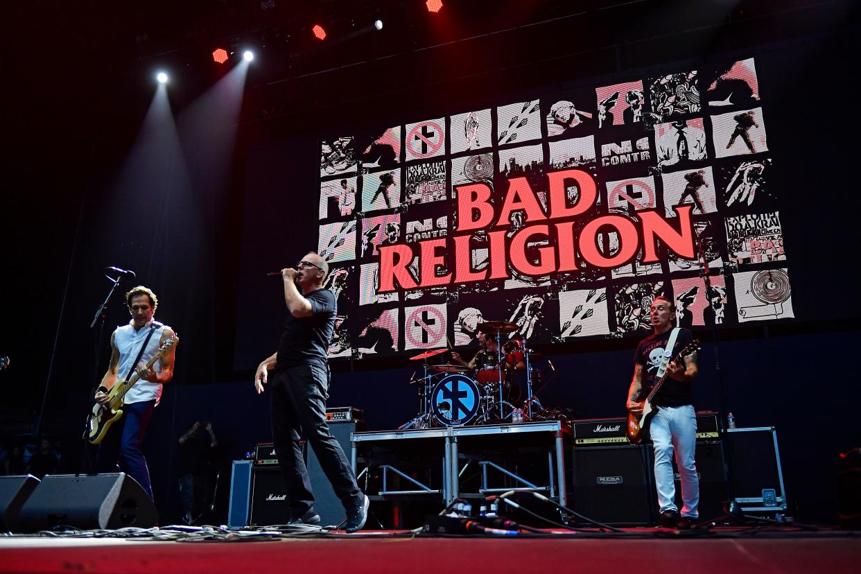 Jay Bentley, from left, Greg Graffin, Jamie Miller and Brian Baker of Bad Religion perform during the first day of Warped Tour on June 29, 2019 in Atlantic City.