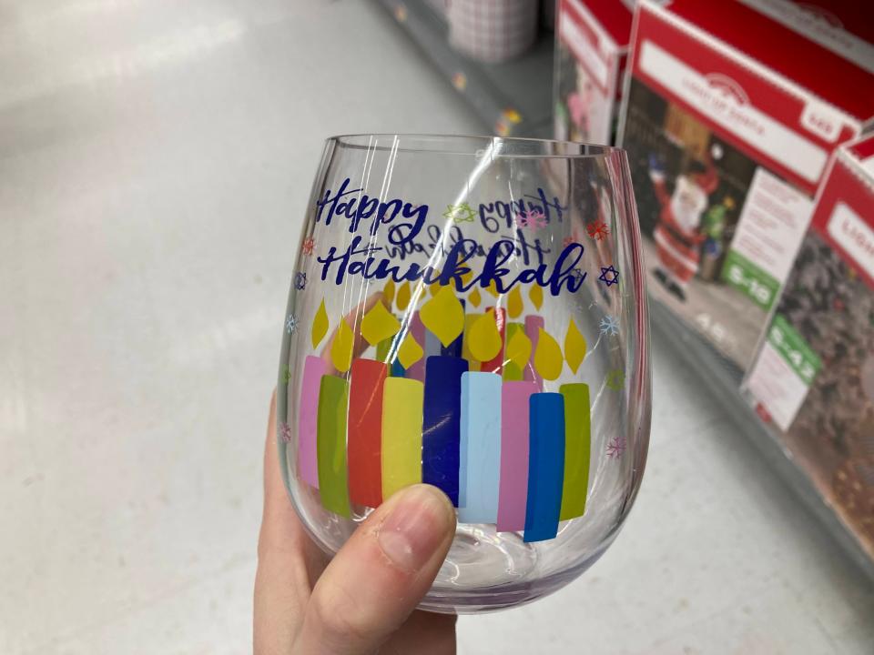 A "Happy Hanukkah" stemless wine glass.