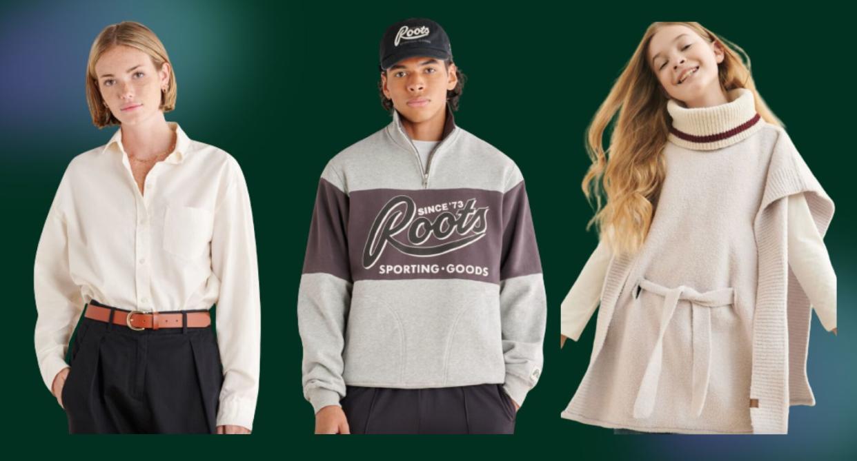 three people wearing Roots clothing