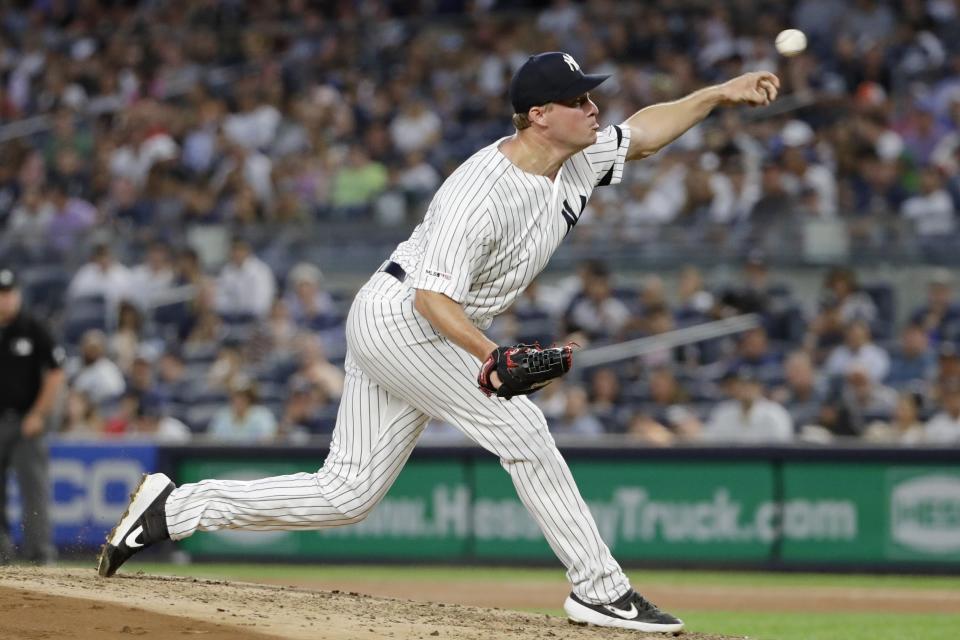 New York Yankees' Joe Mantiply delivers a pitch during the fourth inning of the second game of a baseball doubleheader against the Baltimore Orioles, Monday, Aug. 12, 2019, in New York. The Yankees won 11-8. (AP Photo/Frank Franklin II)