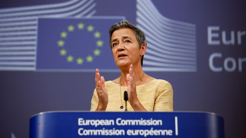 EU antitrust chief Margrethe Vestager holds a press conference in Brussels on September 10, 2024. - Johanna Geron/Reuters