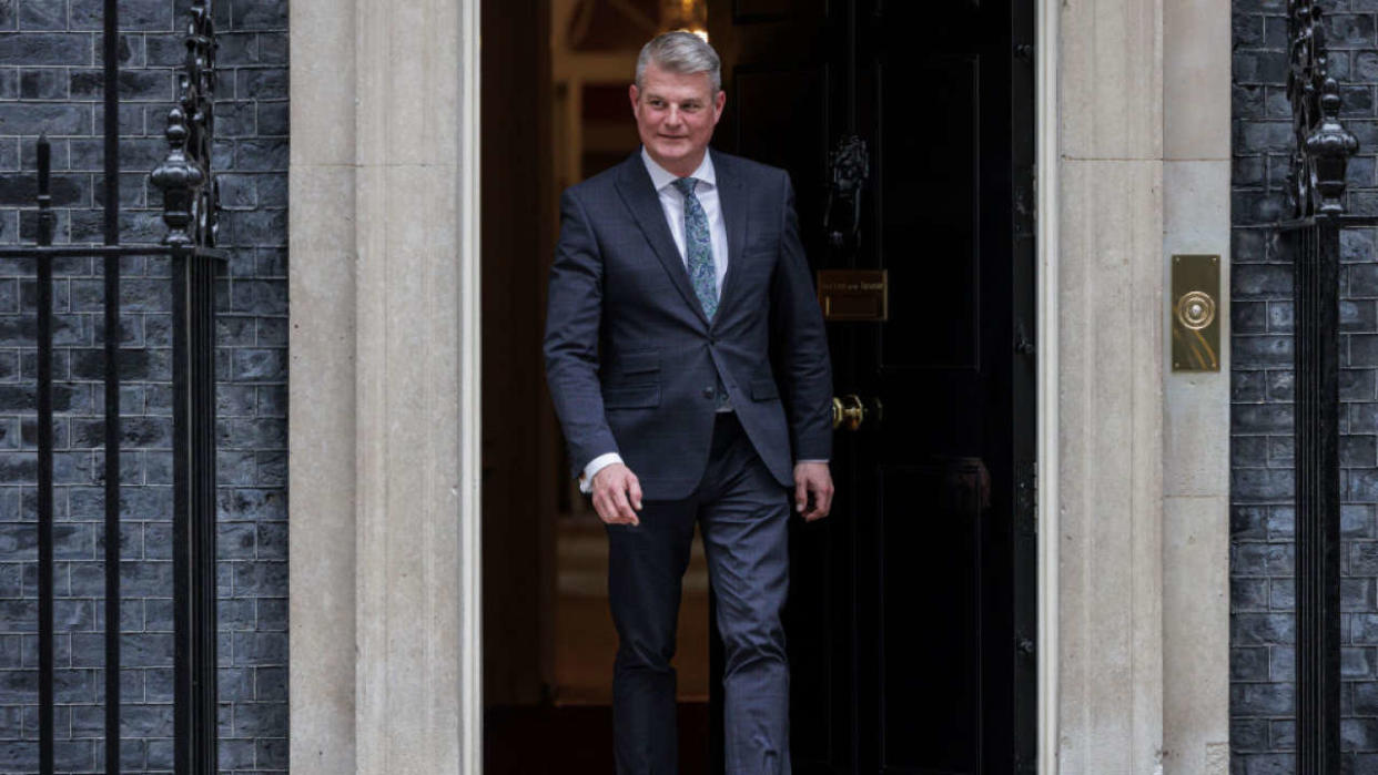 LONDON, ENGLAND - FEBRUARY 08: Former Deputy Chief Whip Stuart Andrew, who has been appointed as Minister for Housing at the Department for Levelling Up, Housing and Communities leaves 10 Downing Street on February 08, 2022 in London, England. In response to the Sue Gray report into 