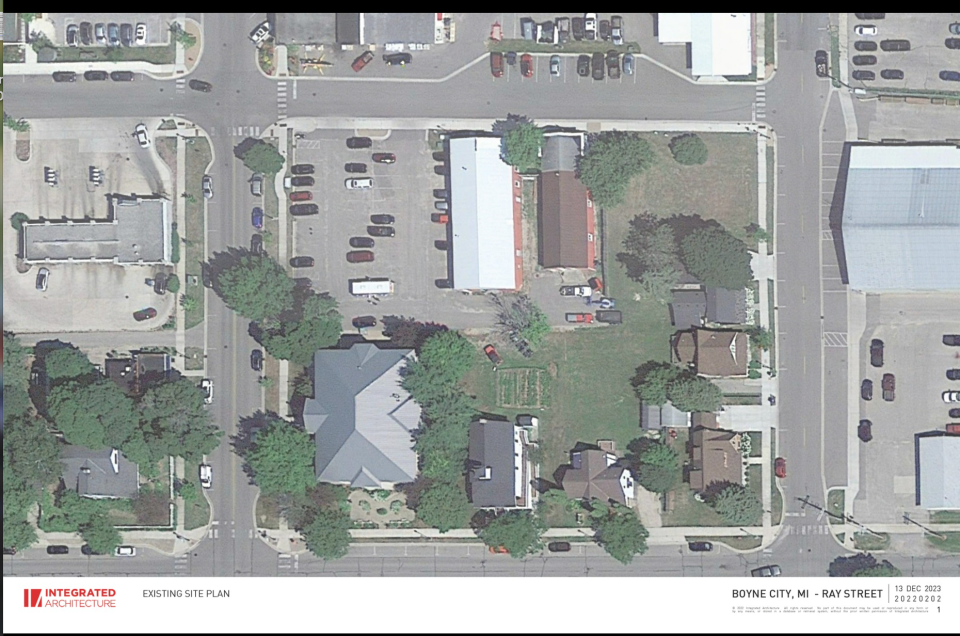Aerial photo of the proposed development location. Ray and Park would redevelop 211 S. Park St. and 214 Ray St. into approximately 40 apartments, four live-work units and a new community room for the Boyne District Library.
