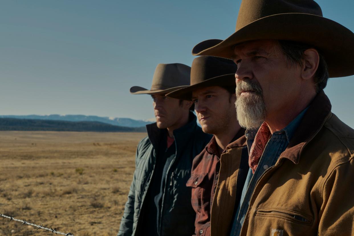 (R-L) Josh Brolin as laconic patriarch Royal Abbott with his "Outer Range" sons Lewis Pullman (Rhett Abbott) and Tom Pelphrey (Perry Abbott).